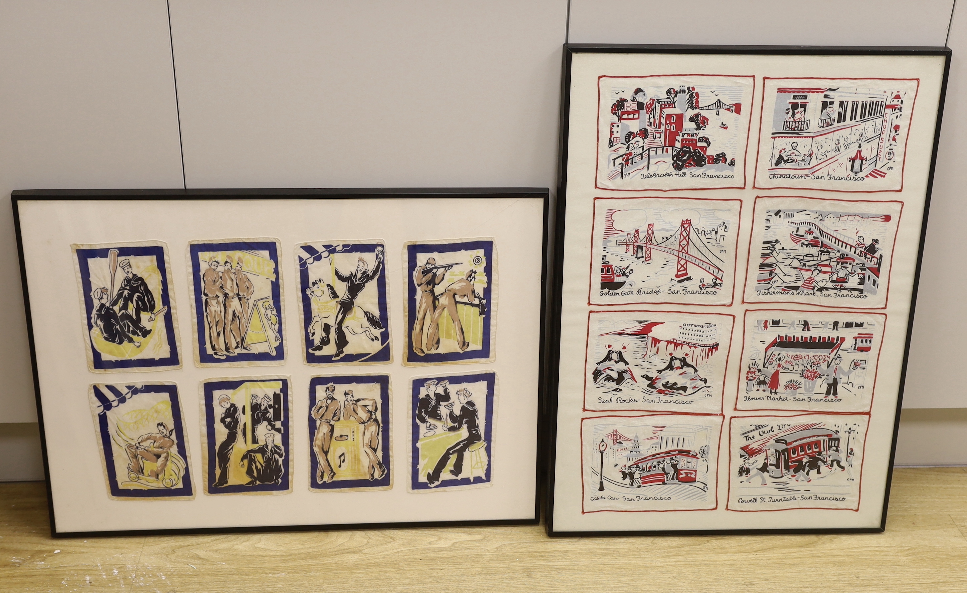 Sixteen vintage American cocktail napkins (1940's /50's), mounted and framed as two, each overall 70 x 50cm